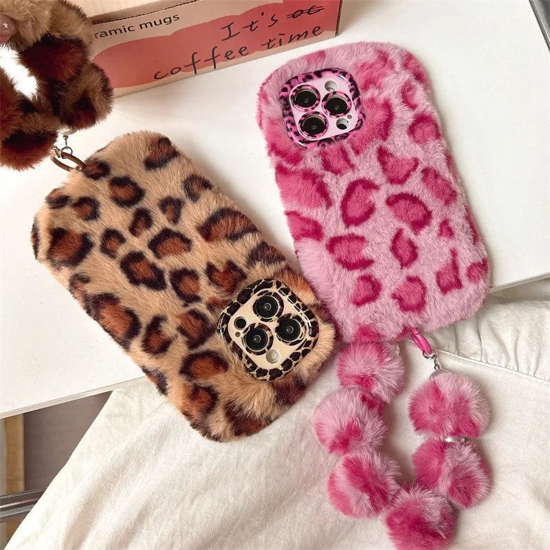 Phone Cases For Iphone 16 - Modieuze, luipaardprint, pluche telefoonhoes met lensbescherming